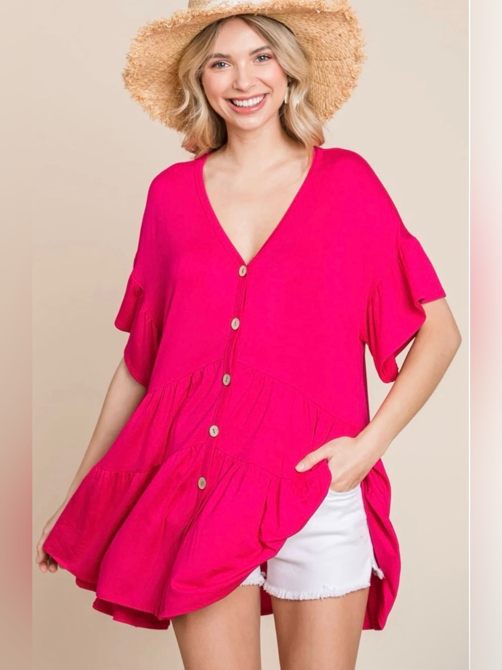 Emerald Hot Pink Short Sleeve Button Down Babydoll Tunic Top Ruffle Pink Boho